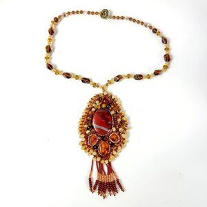 Artisan Jasper and Amber Seed Bead Embroidered Medallion Necklace